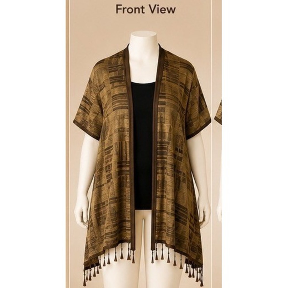 Attitudes by Renee Womens Convertible Fringe Vest Scarf Brown Abstract 2X/3X